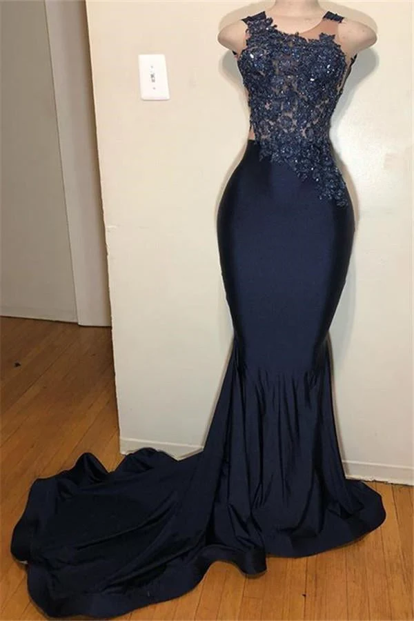 Robe de bal sirène bleu foncé sans manches avec appliques – Robe de soirée élégante