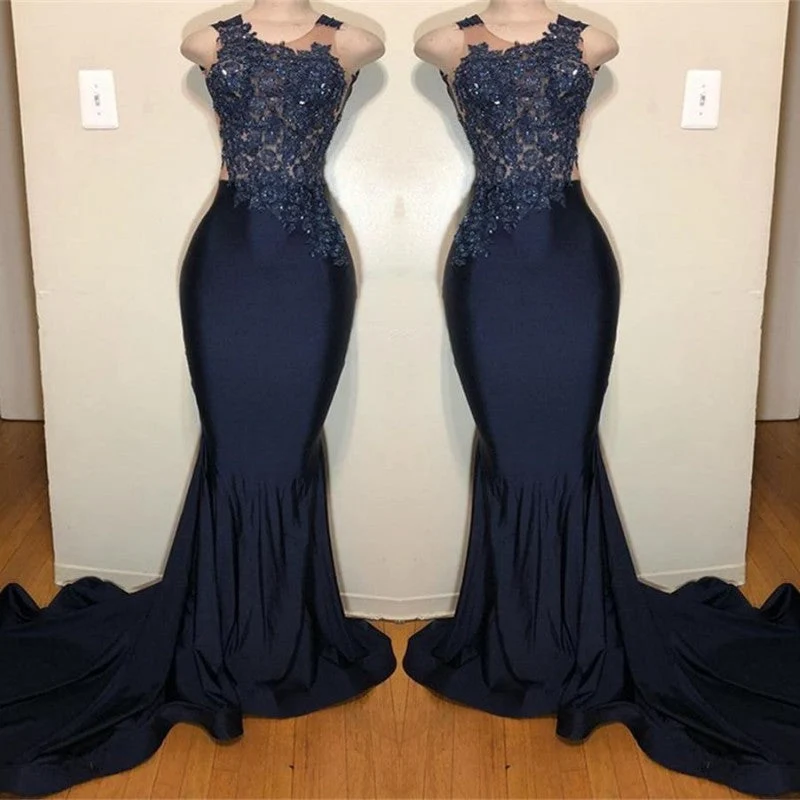 Robe de bal sirène bleu foncé sans manches avec appliques – Robe de soirée élégante