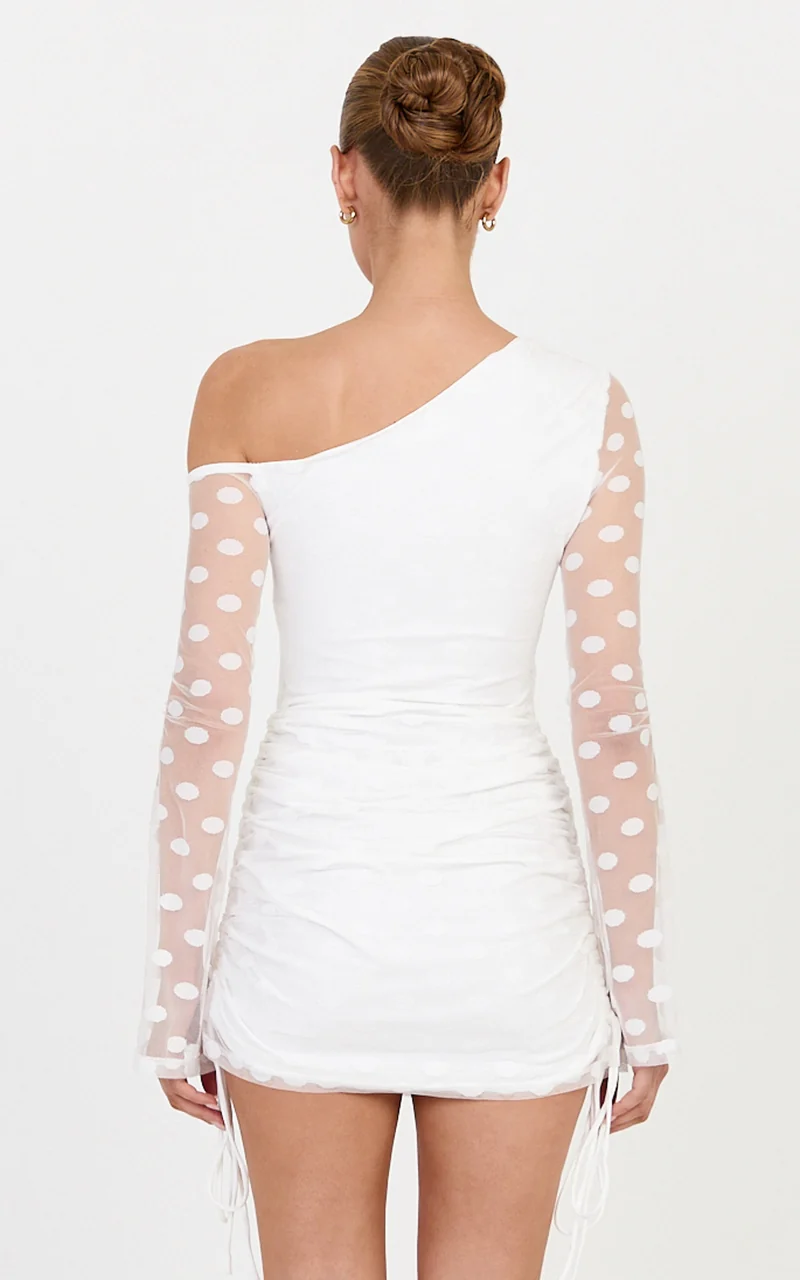 Bessette Mini Dress - Polka Dot Mesh Long Sleeve Dress in Ivory
