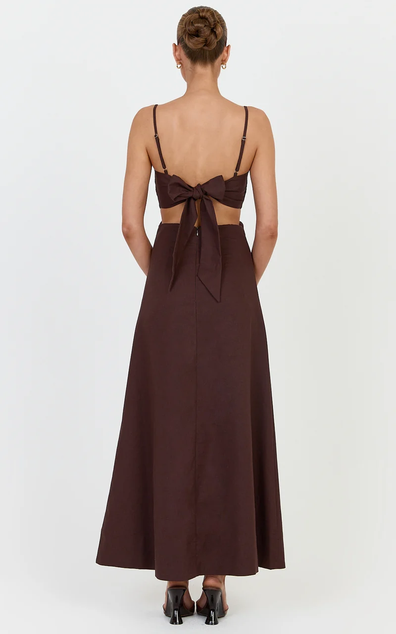 Elizabeth Midi Dress - Linen Blend Tie Back Cut Out Maxi Dress in Dark Chocolate