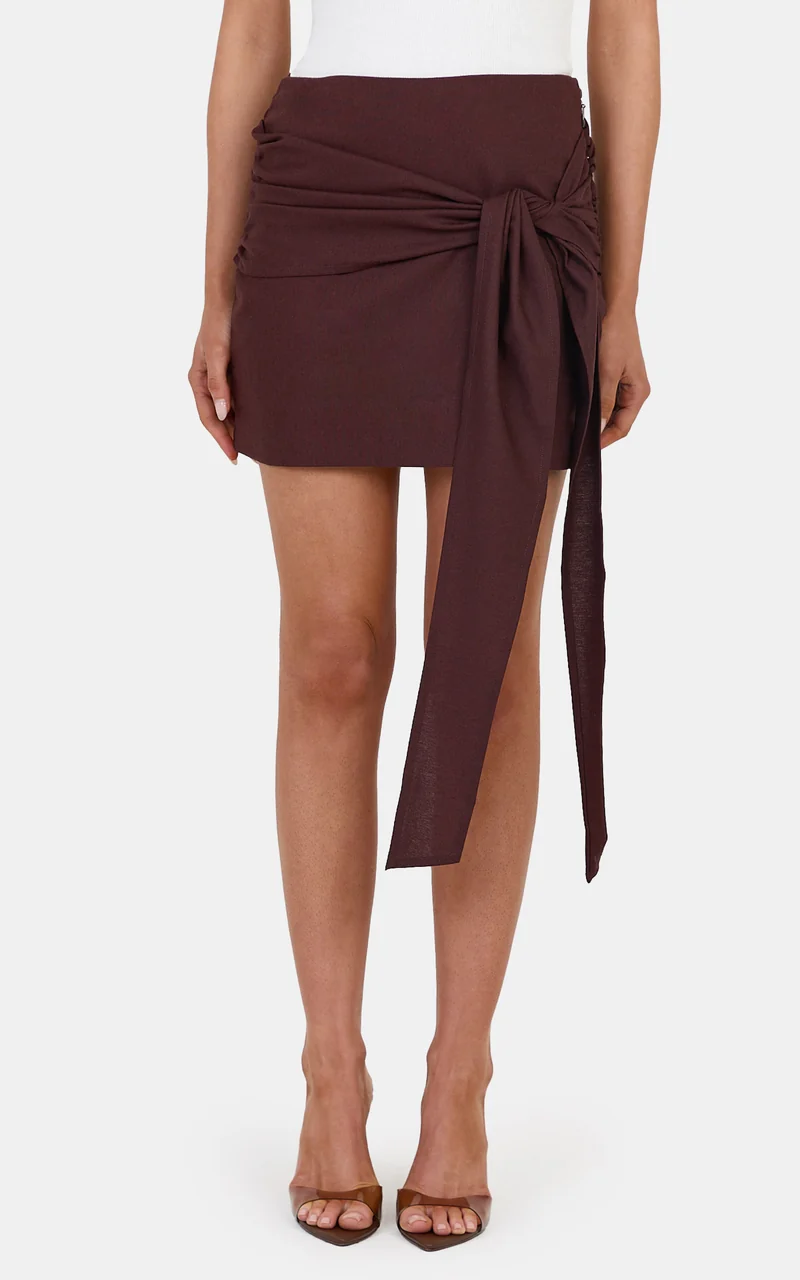 Emily Mini Skirt - Linen Blend Wrap Tie Mini Skirt in Dark Chocolate