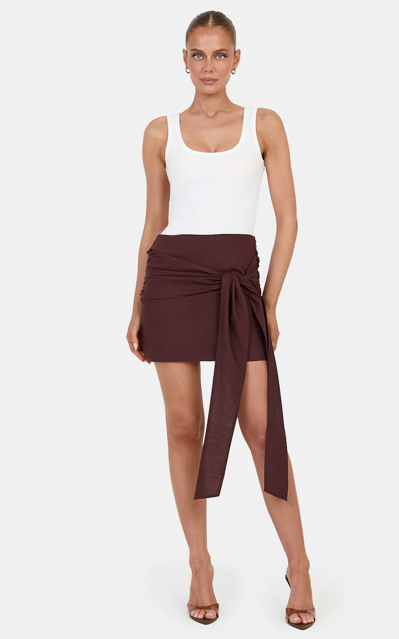 Emily Mini Skirt - Linen Blend Wrap Tie Mini Skirt in Dark Chocolate