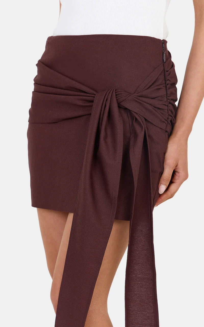 Emily Mini Skirt - Linen Blend Wrap Tie Mini Skirt in Dark Chocolate