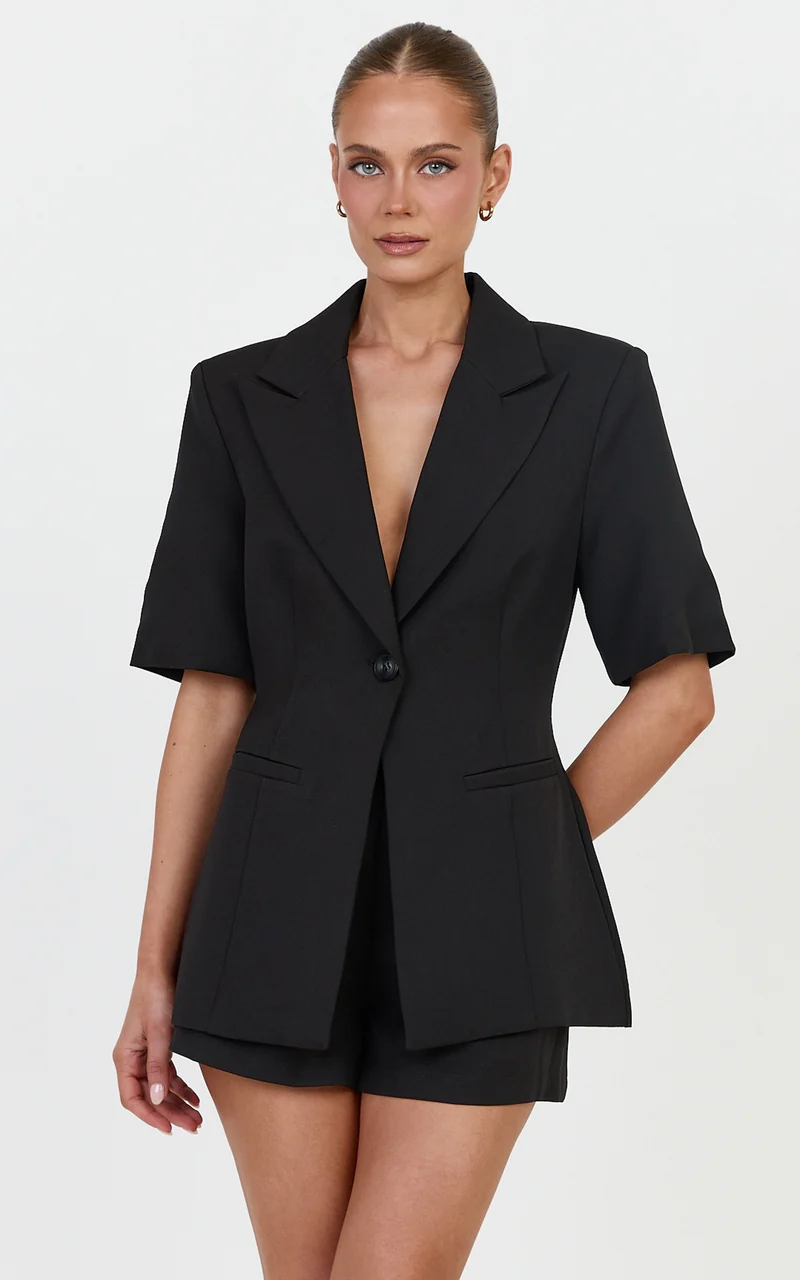 Eleanor Two Piece Top and Shorts Set - Short Sleeve Blazer Top and Tailored Short Set in Black