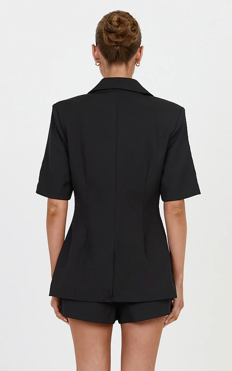 Eleanor Two Piece Top and Shorts Set - Short Sleeve Blazer Top and Tailored Short Set in Black