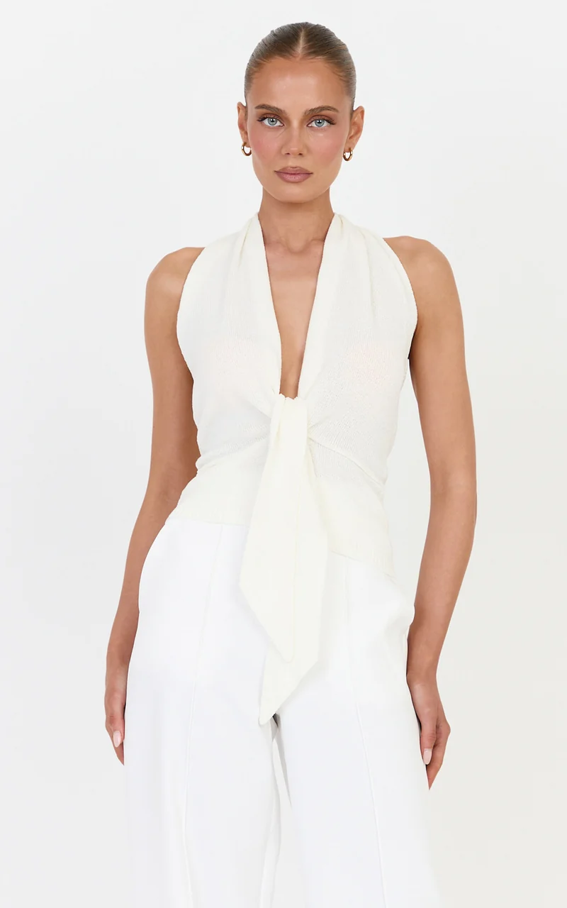 Florence Top - Halterneck Tie Detail Knit Top in Ivory