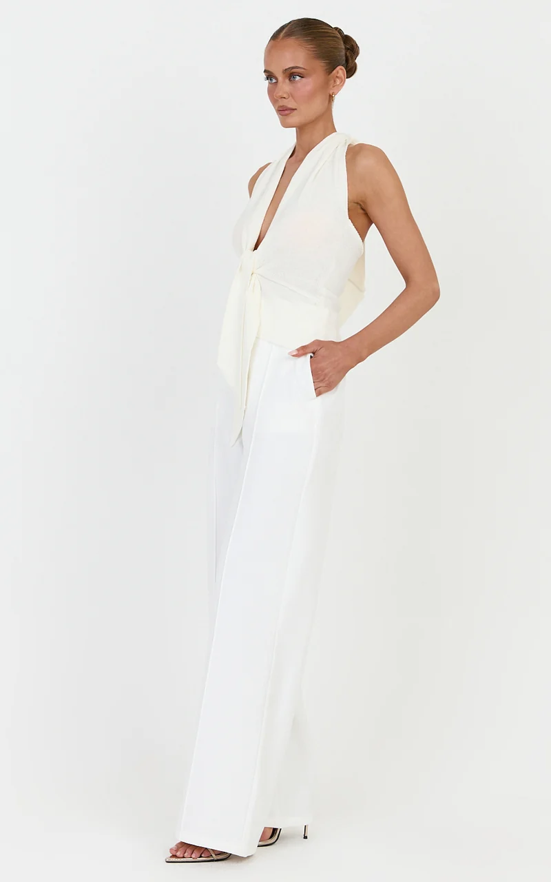 Florence Top - Halterneck Tie Detail Knit Top in Ivory
