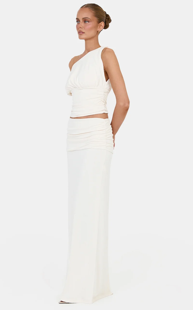Helena Two Piece Top and Skirt Set - Tipped Shoulder Top and Skirt Set in Off White