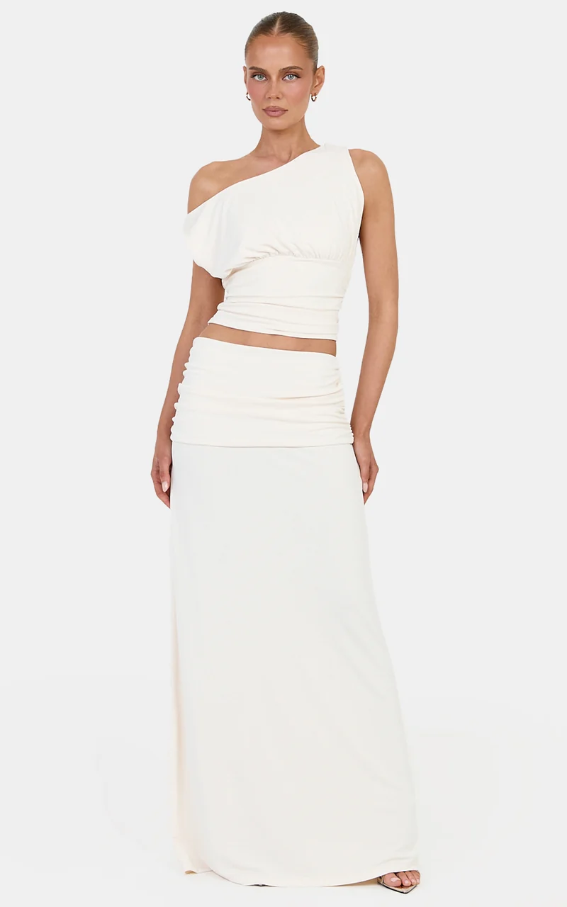 Helena Two Piece Top and Skirt Set - Tipped Shoulder Top and Skirt Set in Off White