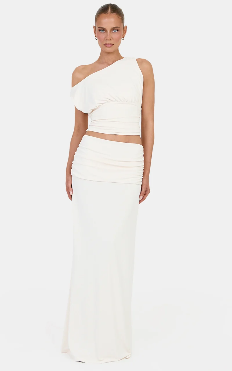 Helena Two Piece Top and Skirt Set - Tipped Shoulder Top and Skirt Set in Off White