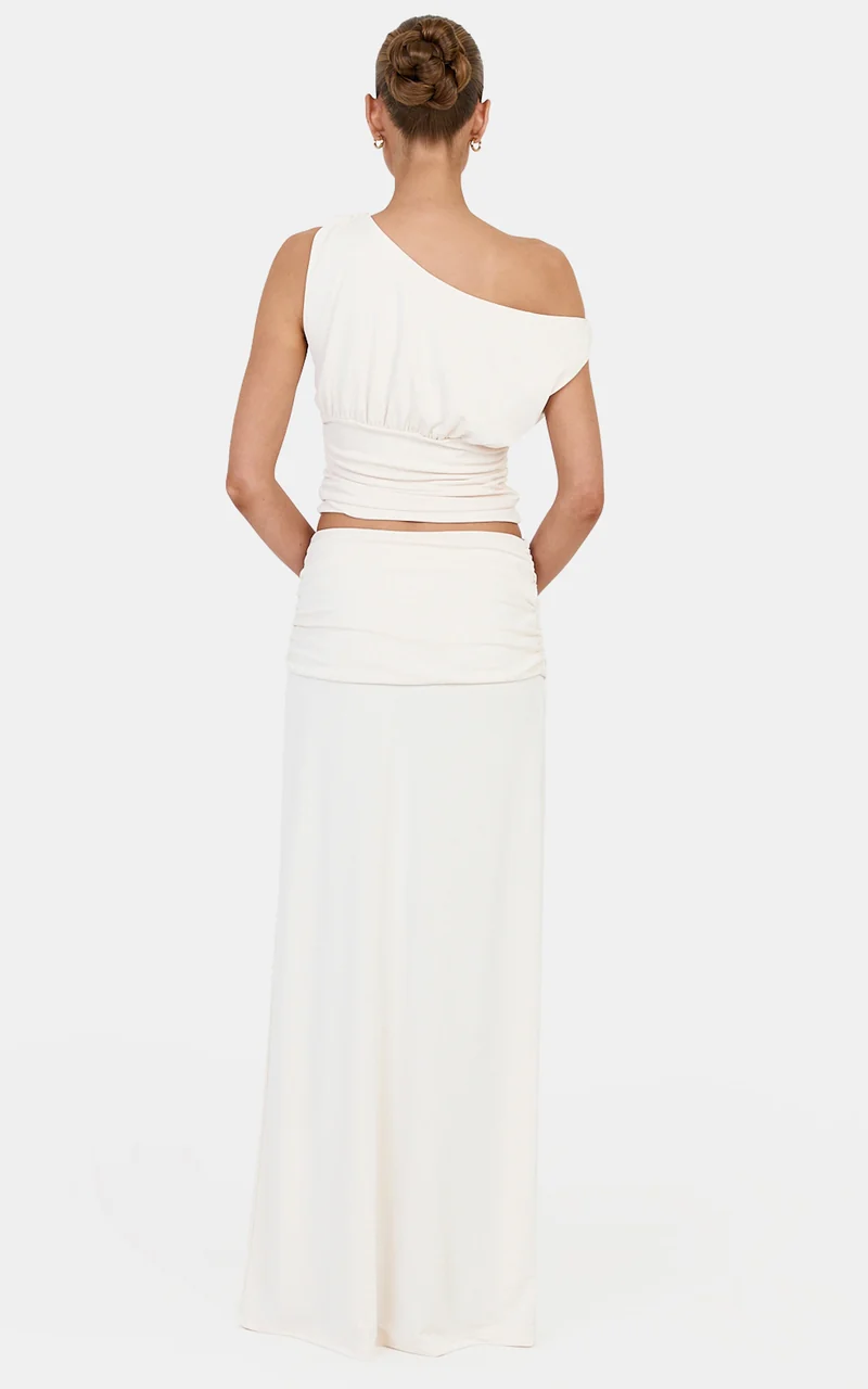 Helena Two Piece Top and Skirt Set - Tipped Shoulder Top and Skirt Set in Off White