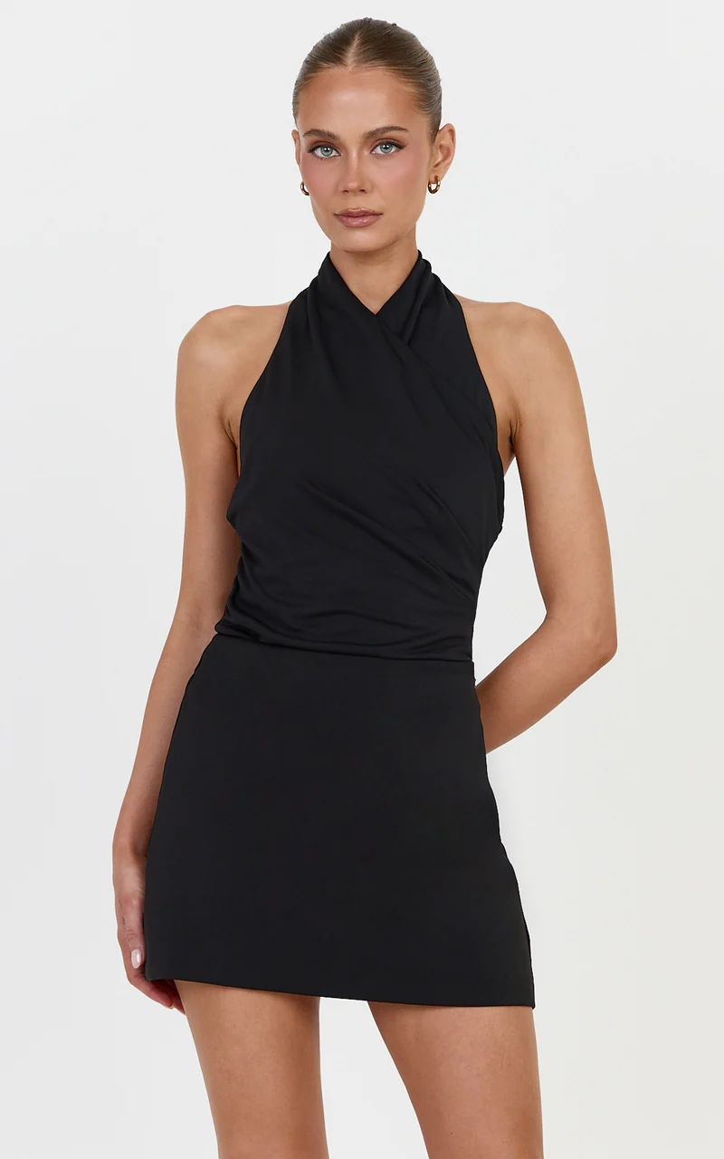 Helena Bodysuit - Halterneck Wrap Front Bodysuit in Black