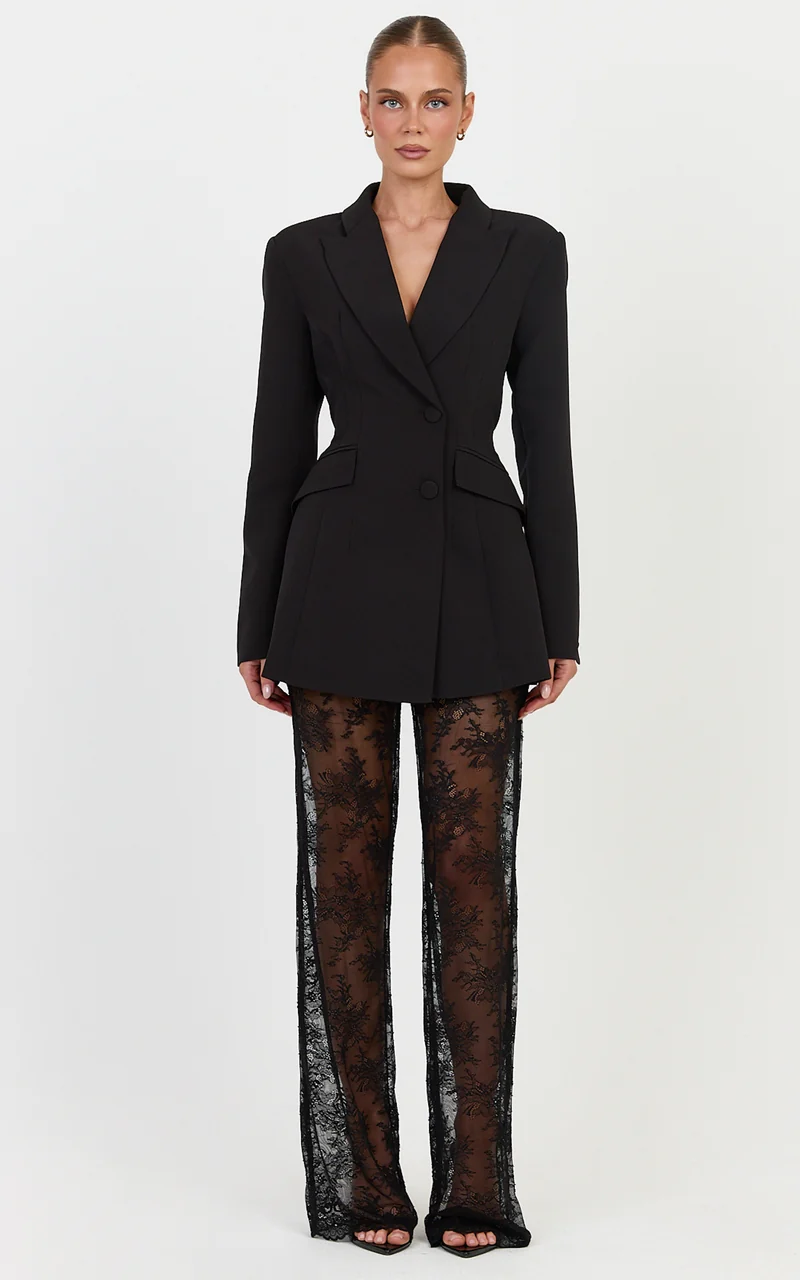 Nyla Blazer - Longline Plunge Neck Cinched Blazer in Black