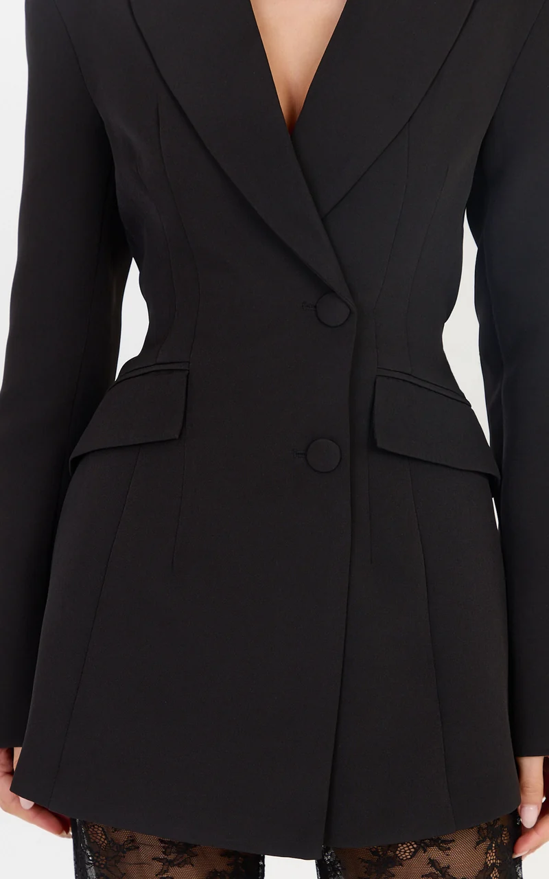 Nyla Blazer - Longline Plunge Neck Cinched Blazer in Black
