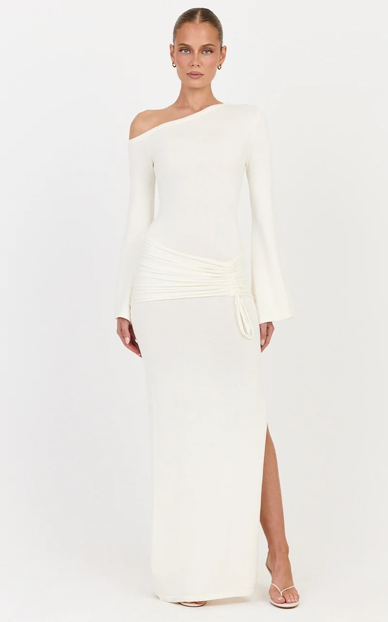 Tiffany Maxi Dress - Cotton Ruched Overlay Long Sleeve Knit Dress in Ivory