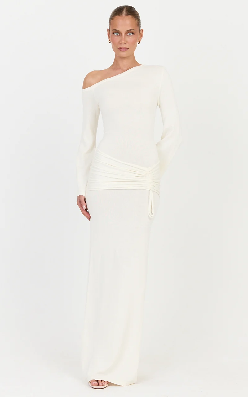 Tiffany Maxi Dress - Cotton Ruched Overlay Long Sleeve Knit Dress in Ivory