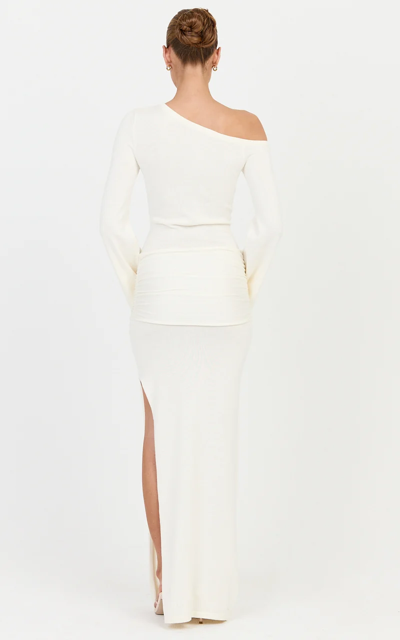 Tiffany Maxi Dress - Cotton Ruched Overlay Long Sleeve Knit Dress in Ivory