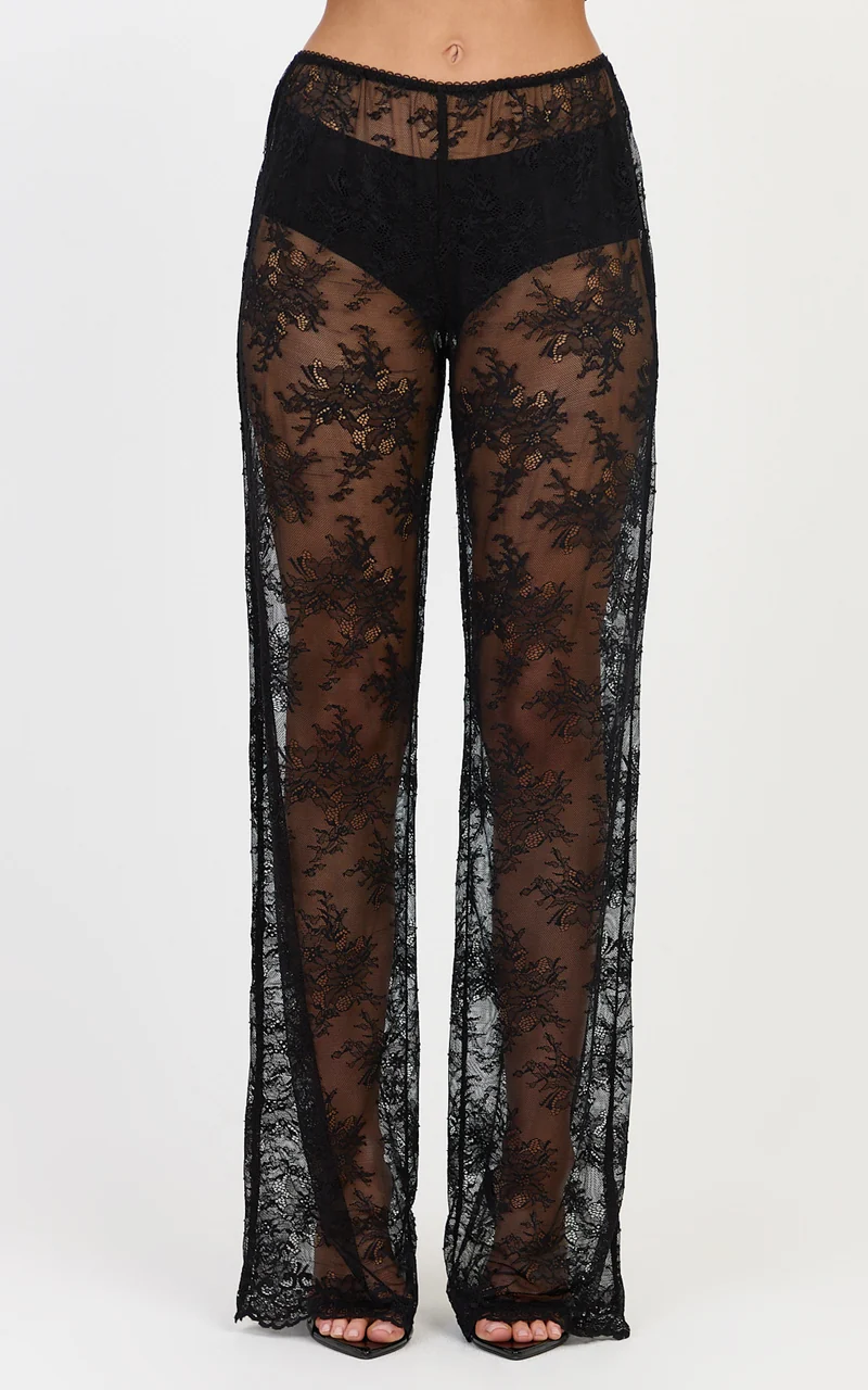 Nyla Pants - Scallop Hem Sheer Lace Pants in Black