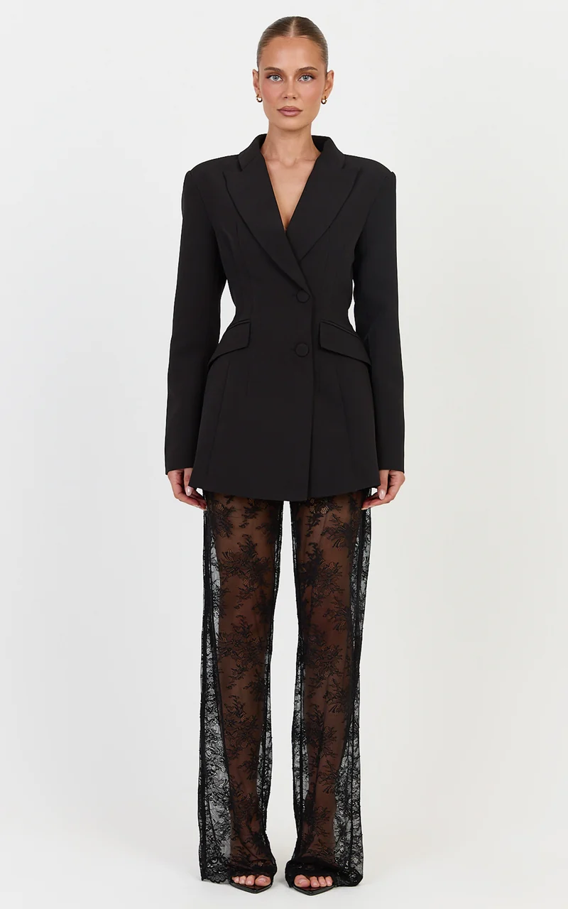 Nyla Pants - Scallop Hem Sheer Lace Pants in Black