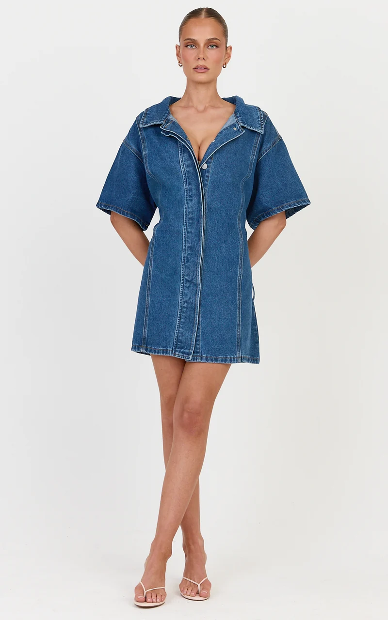 Arabella Mini Dress - Oversized Denim Short Sleeve Mini Dress in Dark Blue Wash