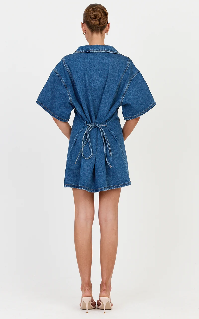 Arabella Mini Dress - Oversized Denim Short Sleeve Mini Dress in Dark Blue Wash
