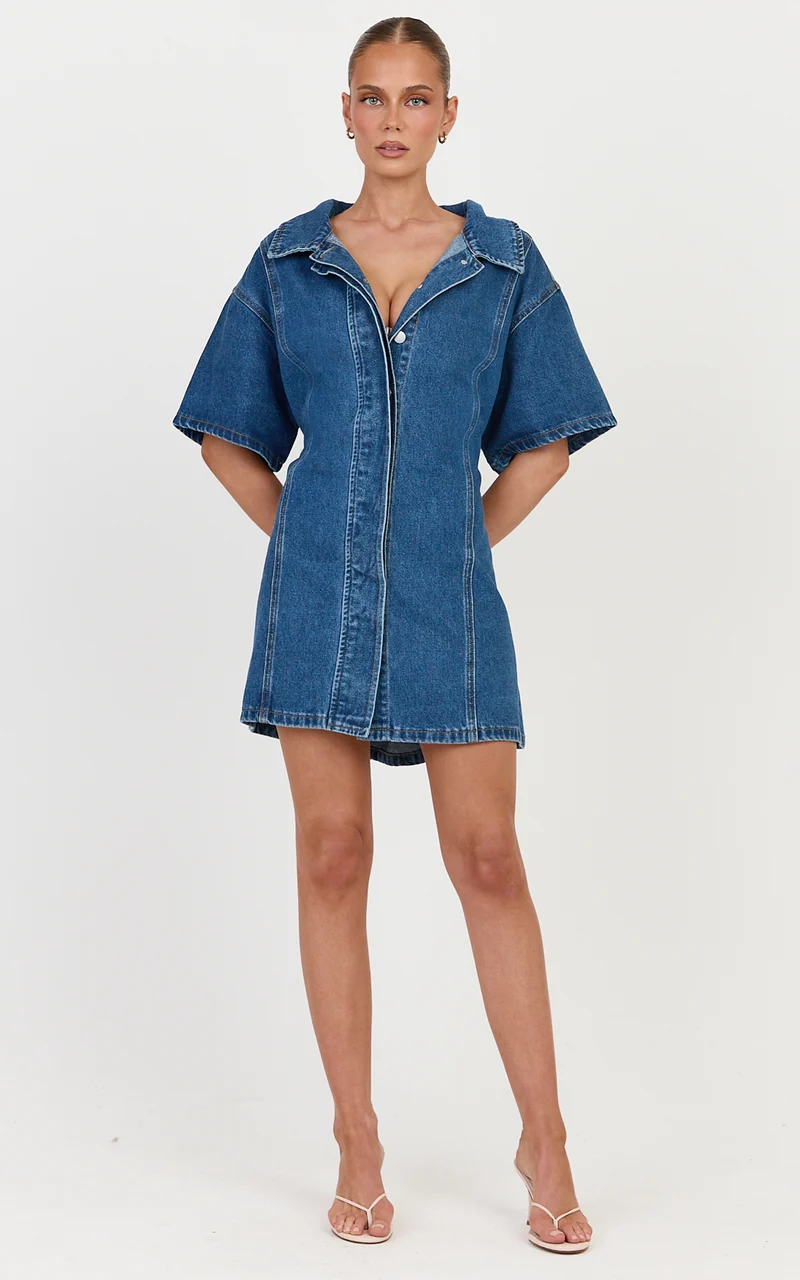 Arabella Mini Dress - Oversized Denim Short Sleeve Mini Dress in Dark Blue Wash