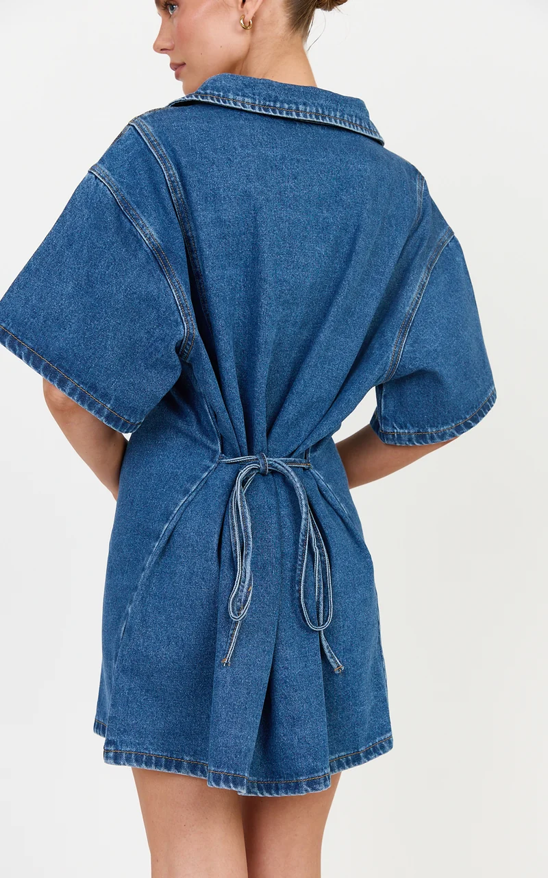 Arabella Mini Dress - Oversized Denim Short Sleeve Mini Dress in Dark Blue Wash