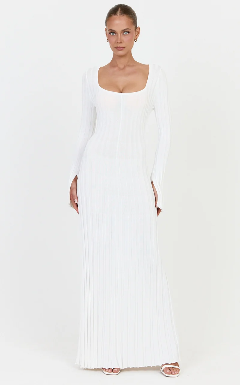 Alex Maxi Dress - Long Sleeve Square Neck Knit Dress in White