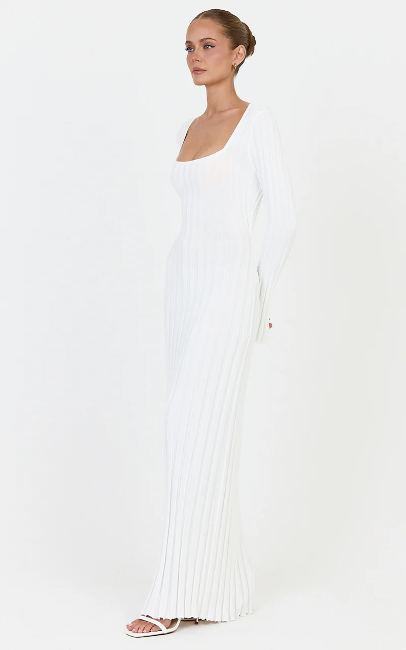 Alex Maxi Dress - Long Sleeve Square Neck Knit Dress in White