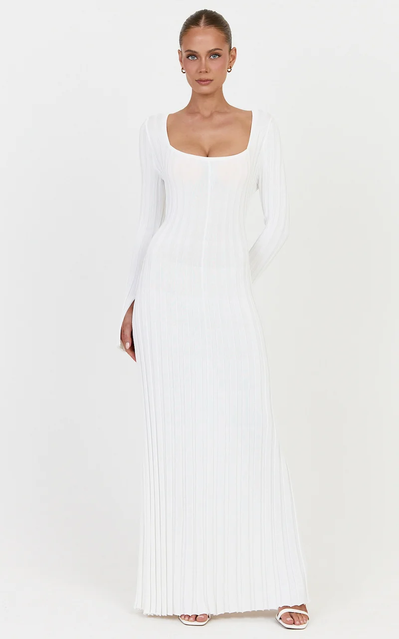 Alex Maxi Dress - Long Sleeve Square Neck Knit Dress in White