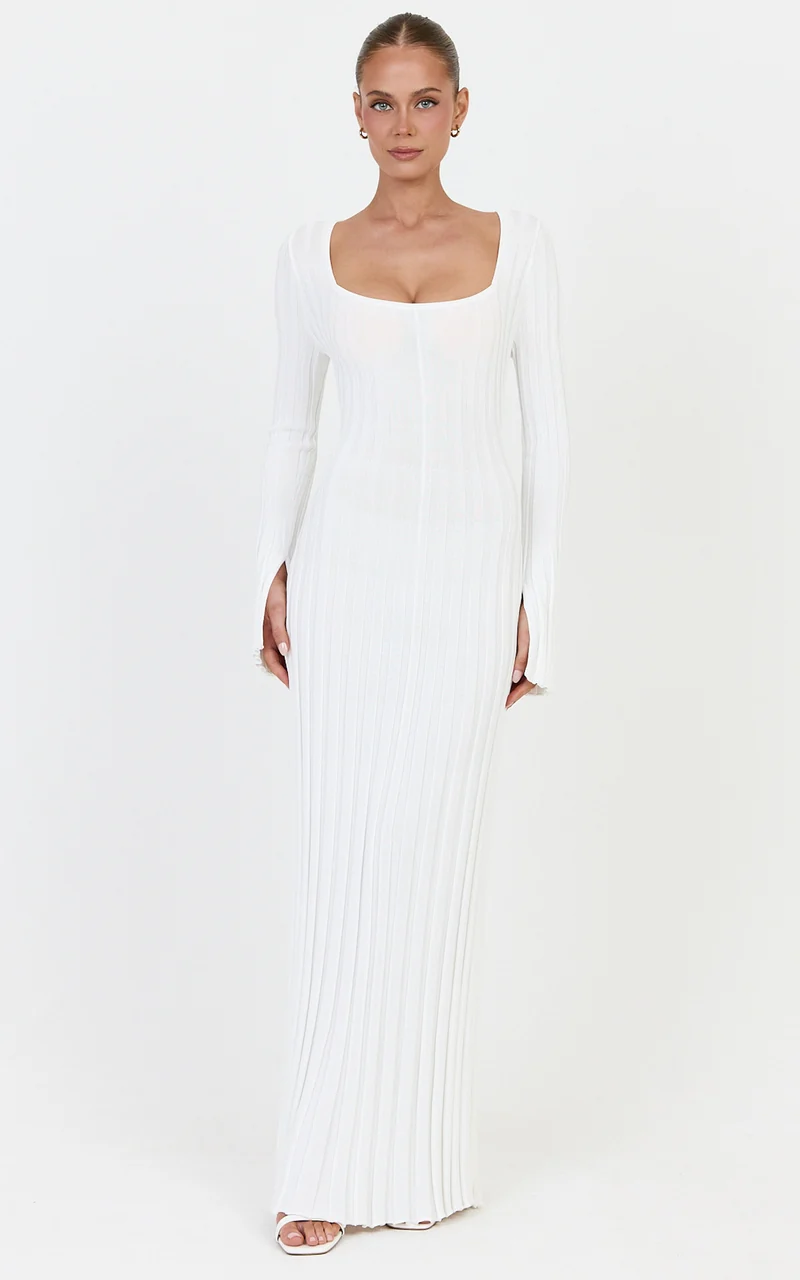 Alex Maxi Dress - Long Sleeve Square Neck Knit Dress in White