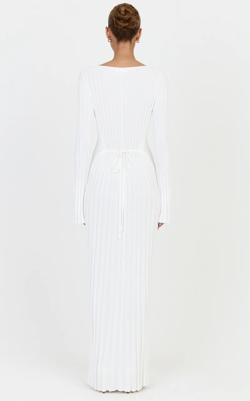 Alex Maxi Dress - Long Sleeve Square Neck Knit Dress in White