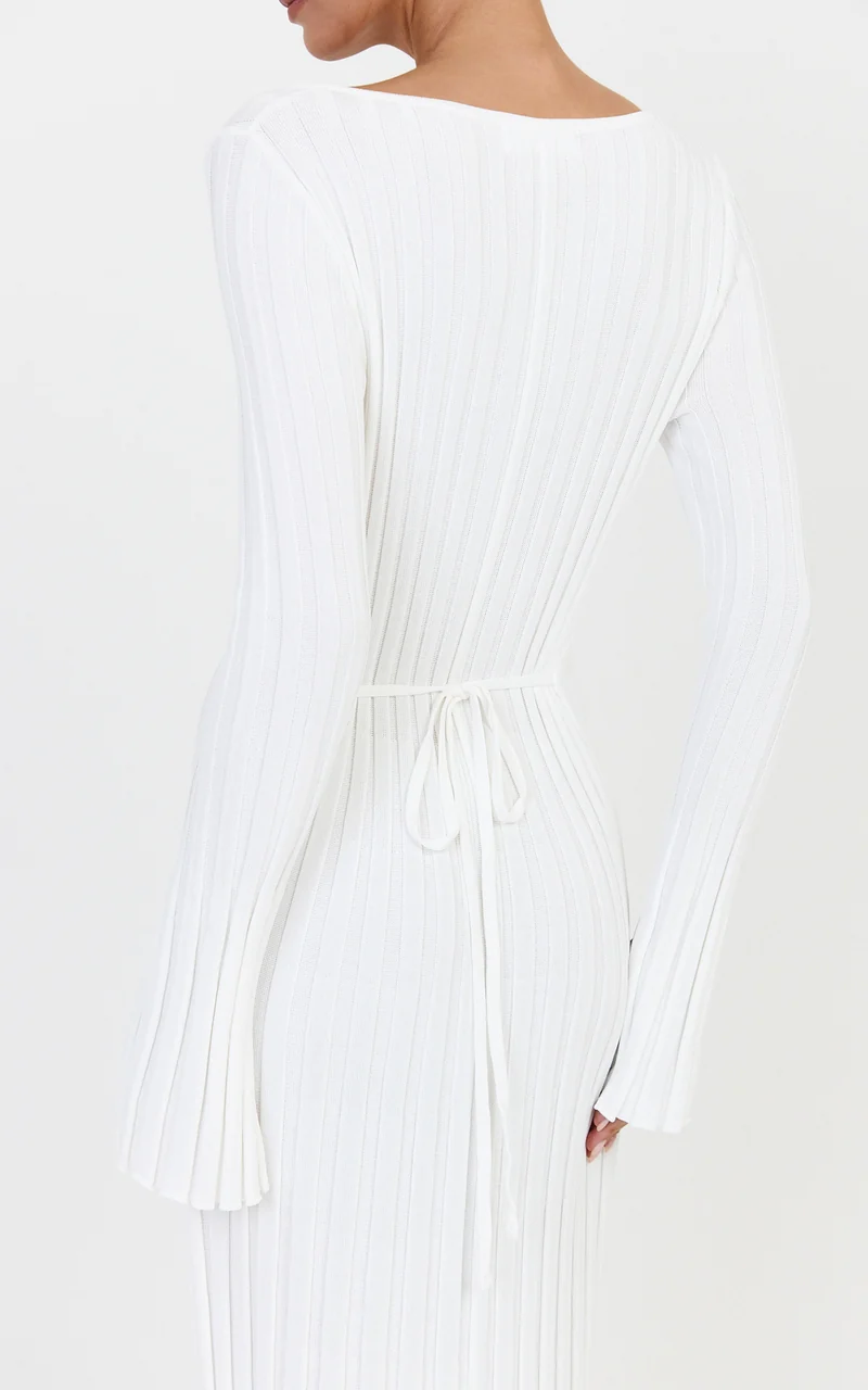 Alex Maxi Dress - Long Sleeve Square Neck Knit Dress in White