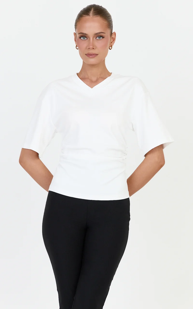 Riva Top - Cotton V Neck Cinched Waist T Shirt in Off White