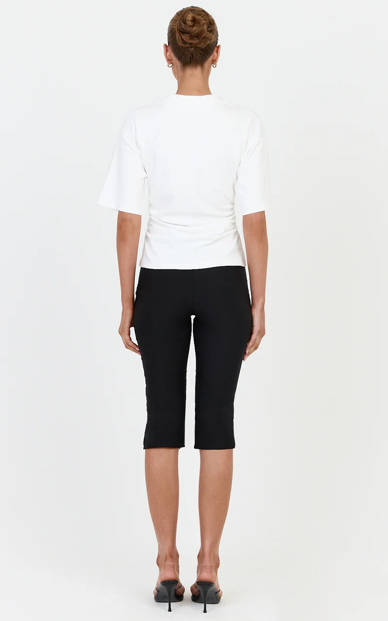 Riva Top - Cotton V Neck Cinched Waist T Shirt in Off White