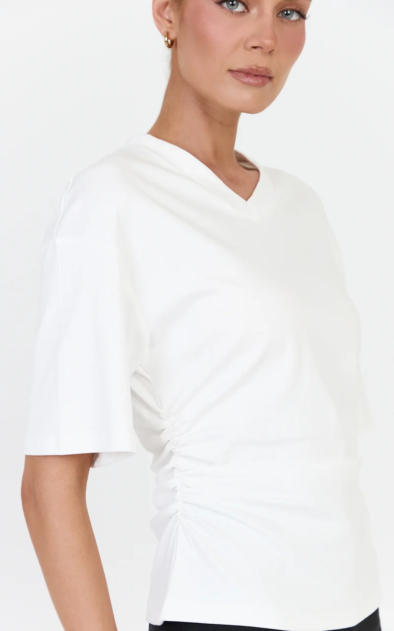 Riva Top - Cotton V Neck Cinched Waist T Shirt in Off White
