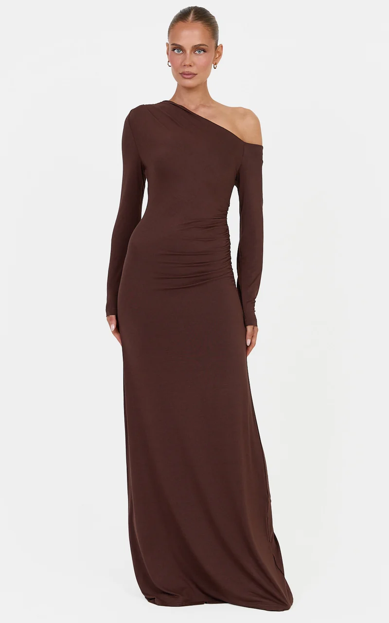 Lacy Maxi Dress - Asymmetrical Off Shoulder Long S in Chocolate