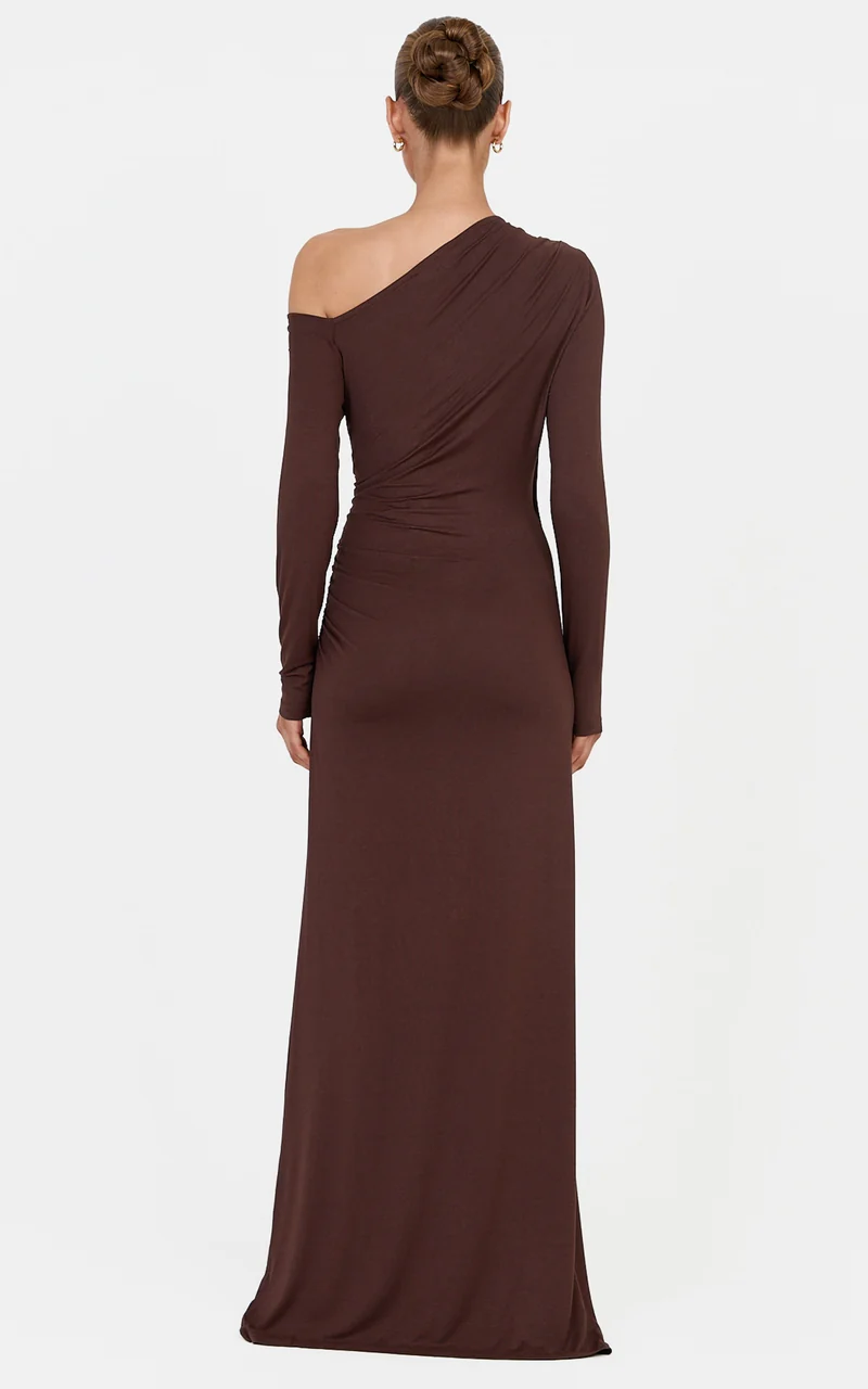 Lacy Maxi Dress - Asymmetrical Off Shoulder Long S in Chocolate