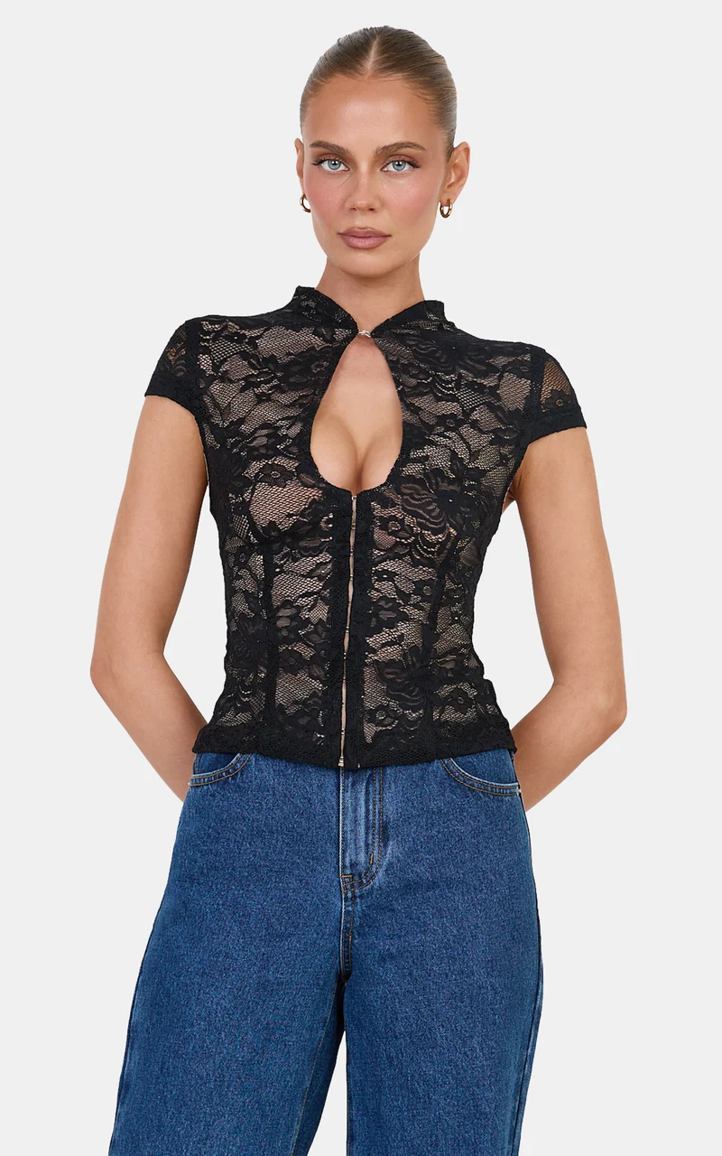 Nyla Top - Mandarin Collar Keyhole Lace Top in Black