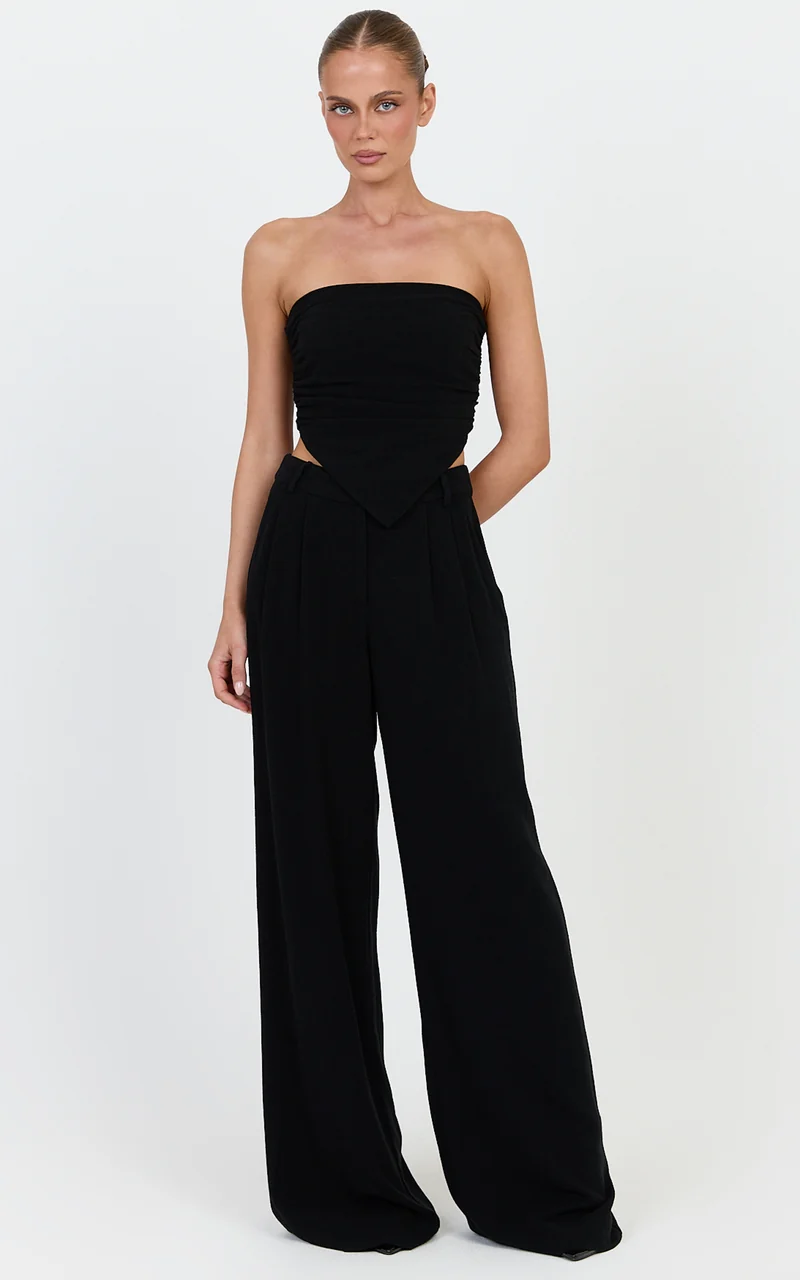 Norma Top - Strapless Linen Blend Scarf Tie Top in Black