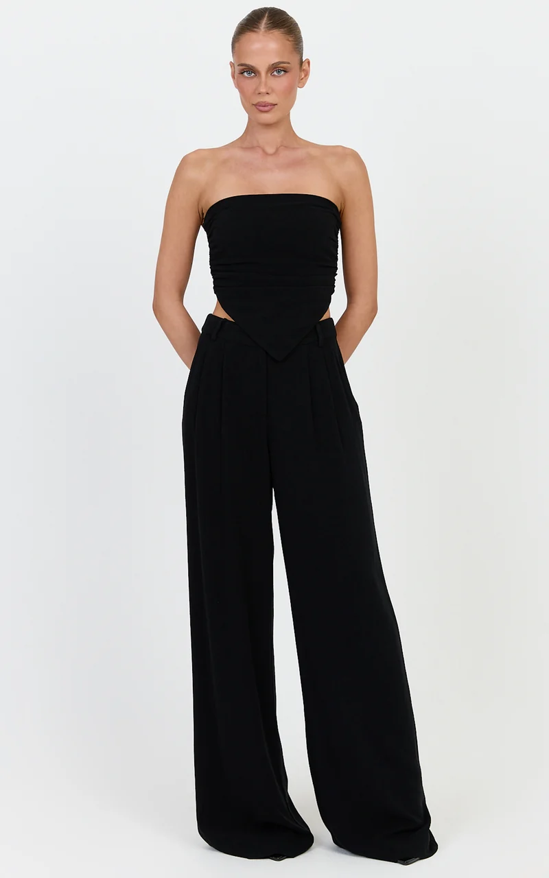 Norma Top - Strapless Linen Blend Scarf Tie Top in Black