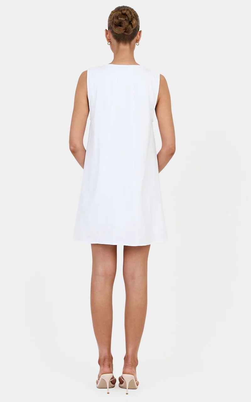 Lucinda Mini Dress - Deep U Gathered Neck Smock Dress in White