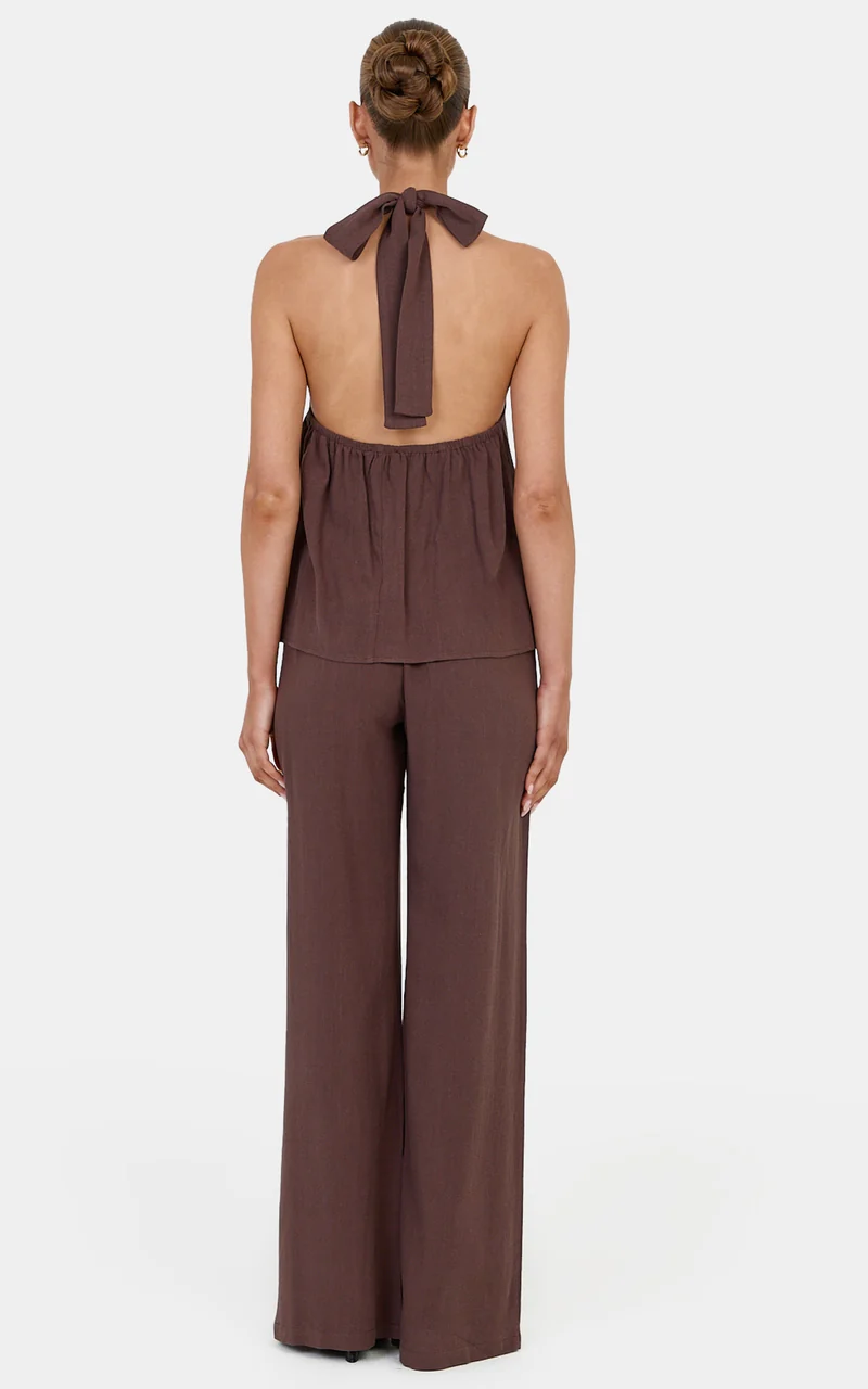 Ingrid Two Piece Set - Knot Detail Halter Neck Top and Wide Leg Pants Set in Chocolate