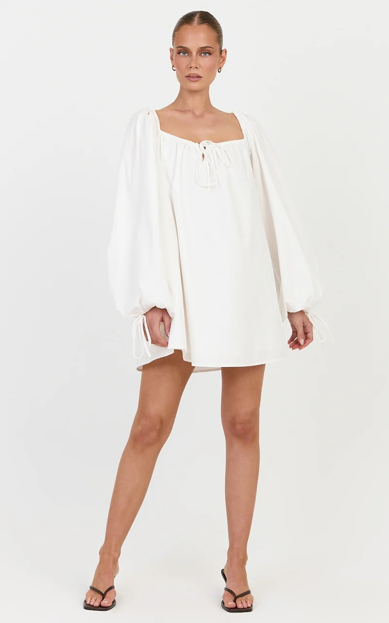 Brixton Mini Dress - Square Neck Smock Dress in White