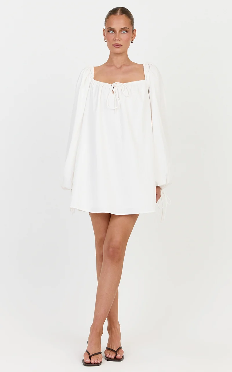 Brixton Mini Dress - Square Neck Smock Dress in White