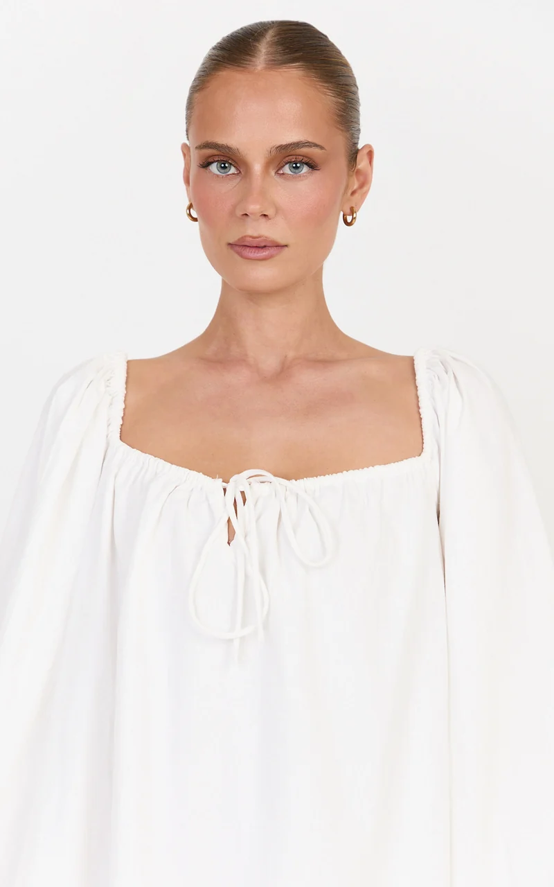 Brixton Mini Dress - Square Neck Smock Dress in White