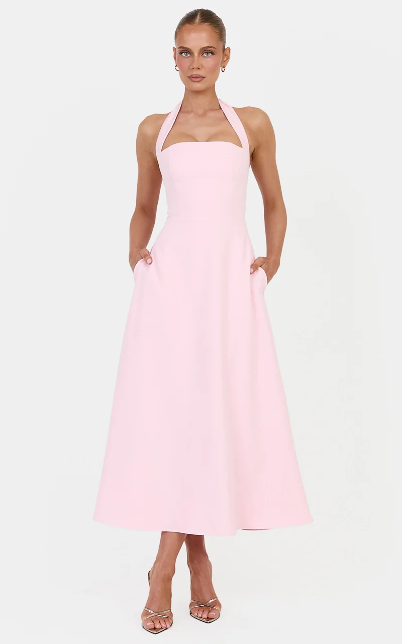 Karissa Midi Dress - Halter Neck Fit and Flare Midi Dress in Baby Pink