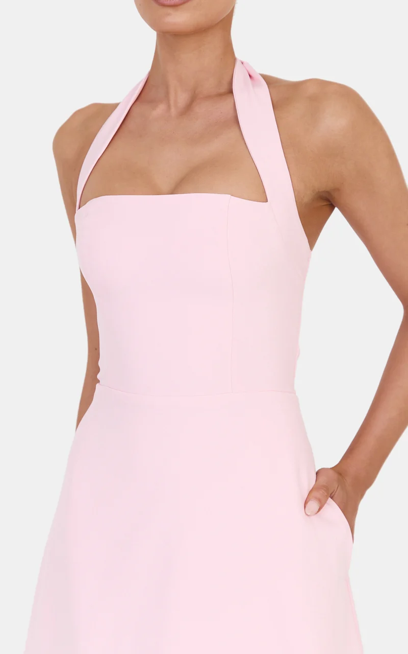 Karissa Midi Dress - Halter Neck Fit and Flare Midi Dress in Baby Pink