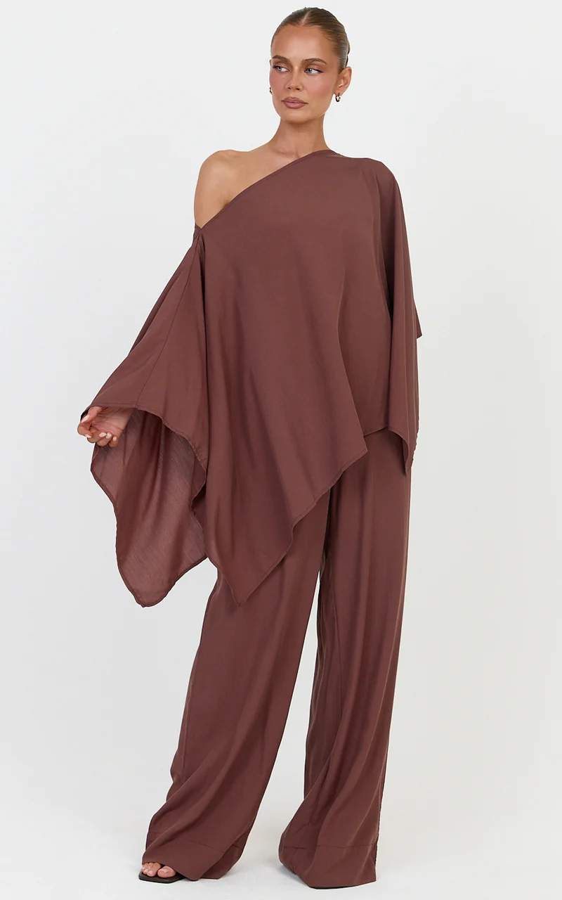 Beatrice Two Piece Top and Pants Set - Off Shoulder Cape Top and Pants Set in Chocolate