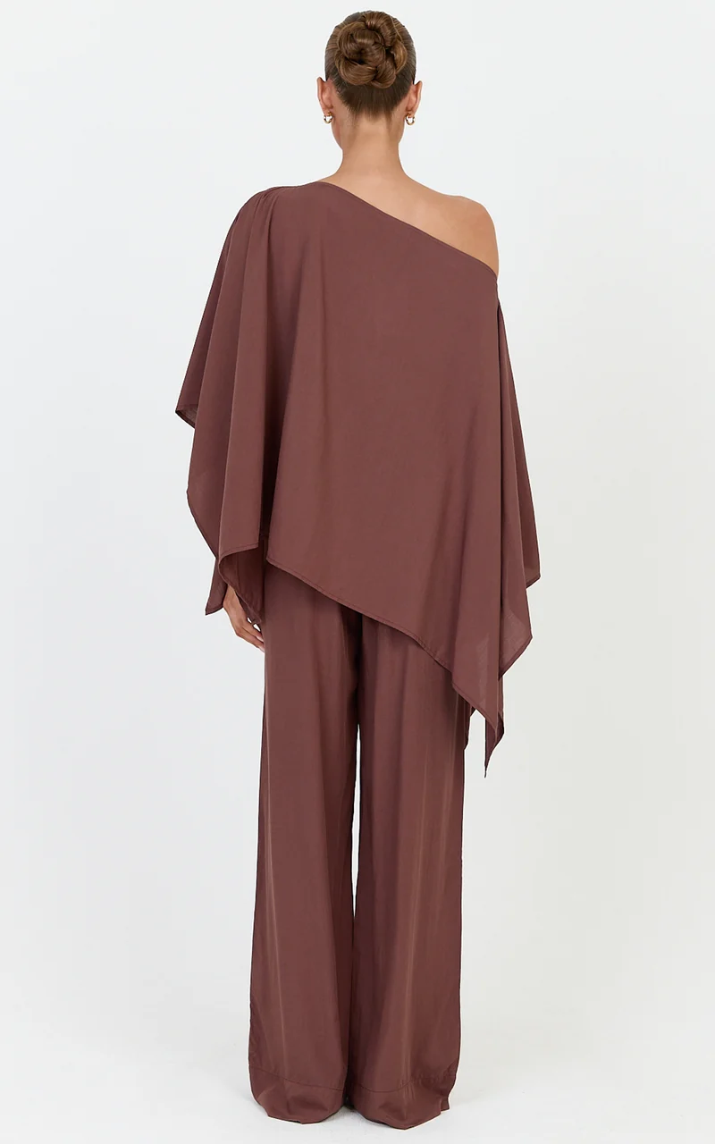 Beatrice Two Piece Top and Pants Set - Off Shoulder Cape Top and Pants Set in Chocolate